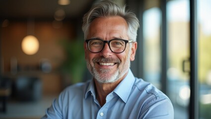 Fototapeta premium Confident Middle-Aged Businessman Smiling in Modern Office