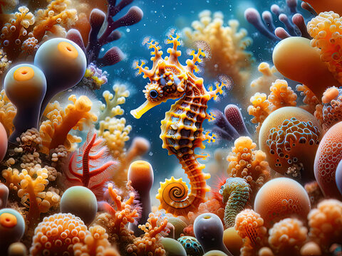 Caballito de mar detallado entre corales y esponjas multicolores en un paisaje submarino fant&aacute;stico.