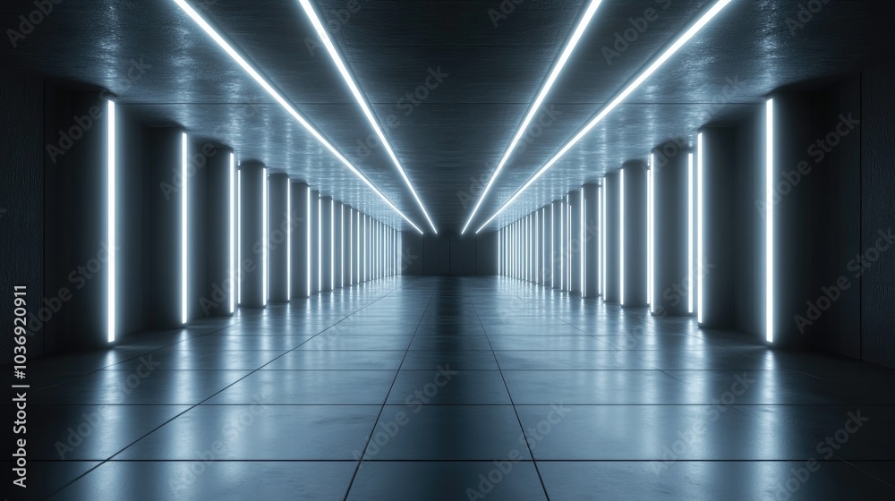 Poster neon glowing lines illuminate a dark tunnel creating reflections on the floor and ceiling with an em