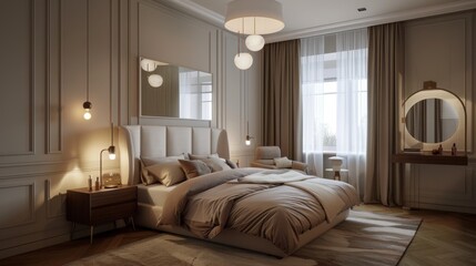 Obraz premium An elegant Scandinavian bedroom with a double bed an upholstered headboard