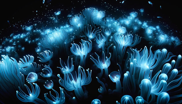 Paisaje submarino con an&eacute;monas bioluminiscentes brillando en la oscuridad, creando un ambiente et&eacute;reo.