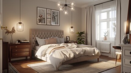 An elegant Scandinavian bedroom featuring a double bed with an upholstered headboard bedside tables
