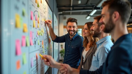 Team Collaboration in Office with Post-it Notes on Board