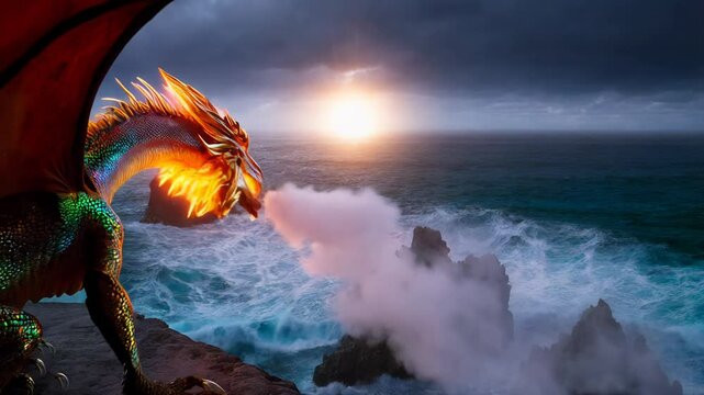 Fiery Dragon Glowing Eyes Stormy Ocean Rocky Cliff Dramatic Pose