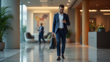 Obraz premium Professional Man Walking in Modern Office with Smartphone