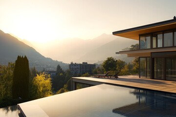 Fototapeta premium Serene Villa with Breathtaking Mountain Landscape