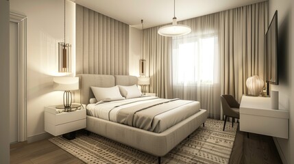 An elegant Scandinavian bedroom with a double bed an upholstered headboard