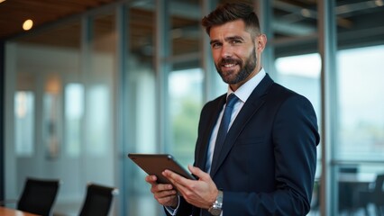 Fototapeta premium Businessman with Tablet in a Contemporary Meeting Room