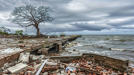 Coastal Town Aftermath: Debris-Laden Streets, Damaged Pier Over Turbulent Ocean, Solitary Resilient Tree Amidst Ruins