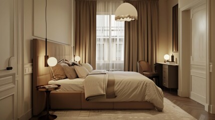 An elegant urban Scandinavian bedroom with a double bed an upholstered headboard