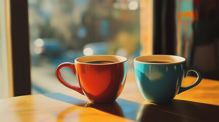 Obraz premium two cups of coffee on wood table in the morning