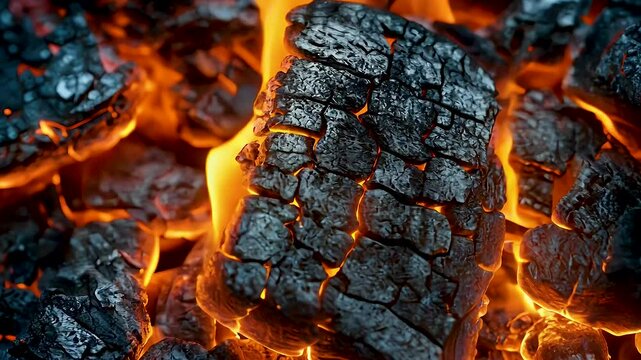 Burning charcoal emits warm glow, showcasing intricate textures and patterns of charred black surfaces, while vibrant orange flames dance around glowing embers, creating captivating heat and fire