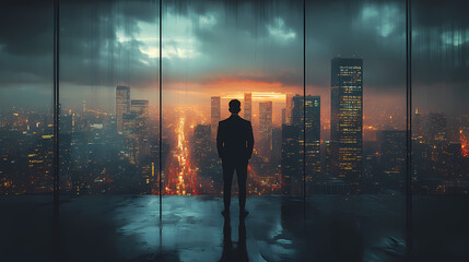 Fototapeta premium Silhouette of a man financier think about something while standing near office window background with copy space for your text message or advertising content, young male thoughtful rest after briefing