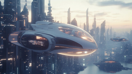 A futuristic smart city with flying cars and holographic billboards at dusk,