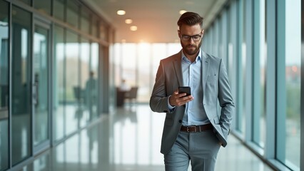 Fototapeta premium Stylish Professional in Grey Suit Engaged with Smartphone in Office Hallway