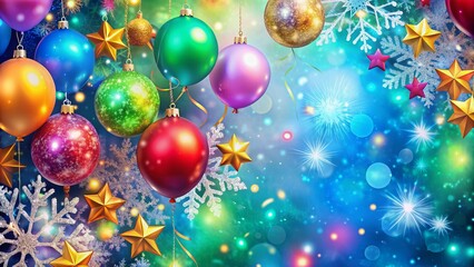 Vibrant festive holiday background with glittering snowflakes, shining stars, and colorful balloons, providing ample copy space for seasonal greetings and joyful celebrations.