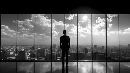 Fototapeta premium Silhouette of a man financier think about something while standing near office window background with copy space for your text message or advertising content, young male thoughtful rest after briefing