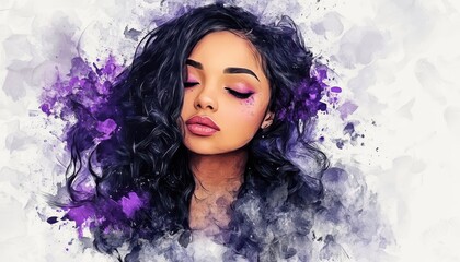Fototapeta premium Elegant black woman surrounded by vibrant watercolor splashes in artistic display