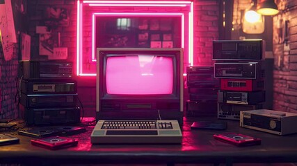 Retro computer setup with vintage technology, featuring classic monitor and cassette tapes, illuminated by neon pink lights for nostalgic atmosphere.
