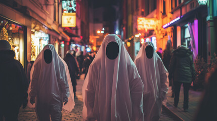 Obraz premium people wearing ghost costomes walking on street in town