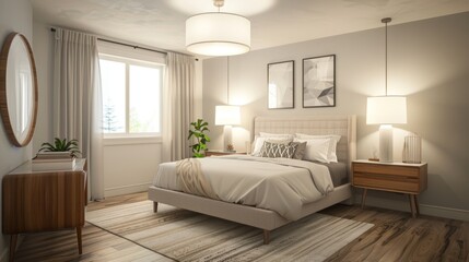 An urban comfort Scandinavian bedroom featuring a double bed with a sleek headboard bedside tables