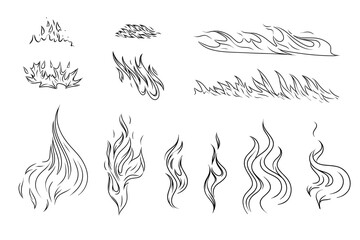 Set of fire outlines, hand-drawn vector graphics for fireplace, grill, packaging, etc.