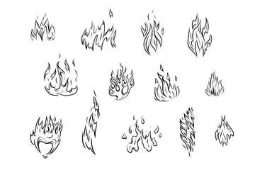 Set of fire outlines, hand-drawn vector graphics for fireplace, grill, packaging, etc.