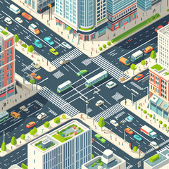 A busy city street with a crosswalk and a bus