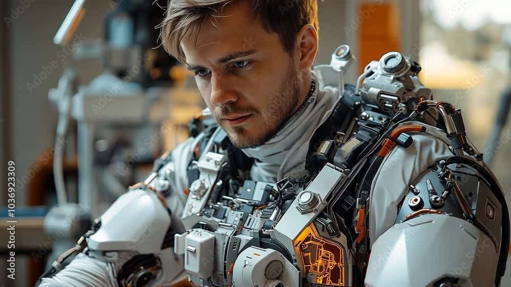 Poster This engineer focuses intently on assembling complex robotic mechanisms in the workshop. Exoskeleton