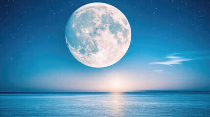 Glowing supermoon rising above calm ocean horizon, casting soft light on water. Clear sky with scattered stars creates serene and magical atmosphere.