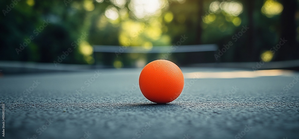 Wall mural orange ball lying on the ground in front of a blurred net.