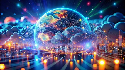 Fototapeta premium Vibrant 3D illustration showcasing neural network, cloud technologies, and global database interconnectedness