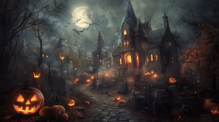 halloween festival with pumpkin and old castle at night