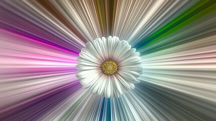 Obraz premium A single white daisy with a pink center against a colorful, blurred background.