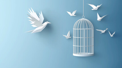 Freedom concept,Flying origami bird with cage on blue background