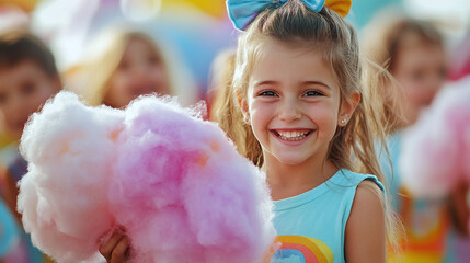 Colorful carnival with cute kids in festive clothes, enjoying their gigantic cotton candy while giggling and playing.