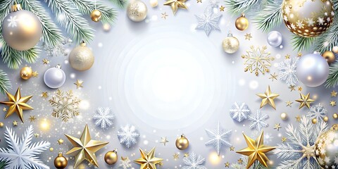 Fototapeta premium Christmas background, holiday illustration, festive design, golden ornaments, red berries, Christmas stars, pine branches, holiday decor, Christmas decorations, winter theme, Christmas illustration, f