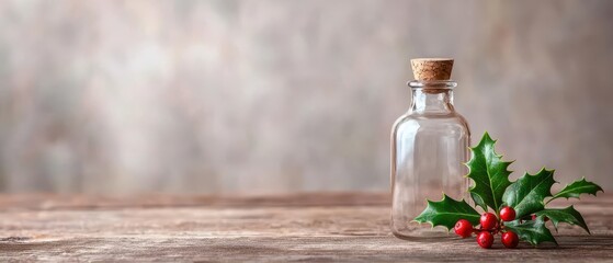 Small glass bottle with holly berries and twigs, placed on a wooden surface, minimalist holiday still life
