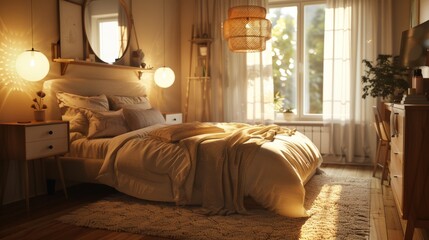 A cozy Scandinavian bedroom featuring a double bed with a headboard, bedside tables