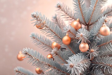 A Christmas tree with peach and gold baubles and a minimal background, perfect for holiday designs and festive copy space. Warm lighting adds a cozy, elegant atmosphere.