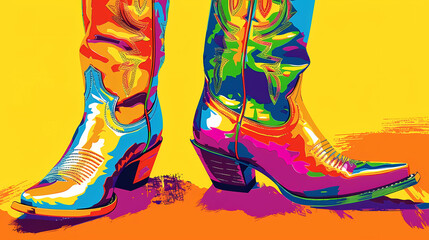 Brightly colored pop art of country western boots