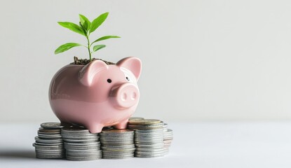 A piggy bank with a plant sprouting, symbolizing savings and growth.