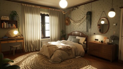 A cozy Scandinavian bedroom featuring a double bed with a simple headboard, bedside tables