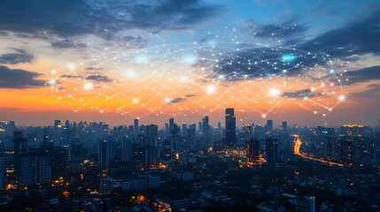 Obraz premium Wireless network and Connection technology concept with Abstract Bangkok city background in panorama view. 