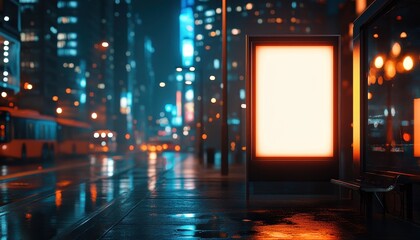 Vertical digital billboard mockup at a city bus stop during nighttime