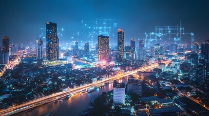 Fototapeta premium Wireless network and Connection technology concept with Abstract Bangkok city background in panorama view. 