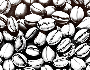 Artistic illustration. Close-up of fresh roasted whole coffee beans in black and white dashed style