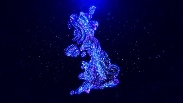 Abstract motion view United Kingdom map design, featuring glowing blue hairlines, dynamic flowing patterns, and scattered bokeh dot particles, creating a tech-inspired and modern digital aesthetic