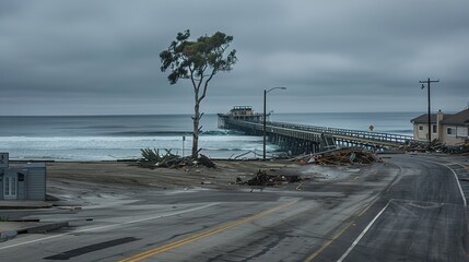 Coastal Town Aftermath: Debris-Laden Streets, Damaged Pier Over Turbulent Ocean, Solitary Resilient Tree Amidst Ruins