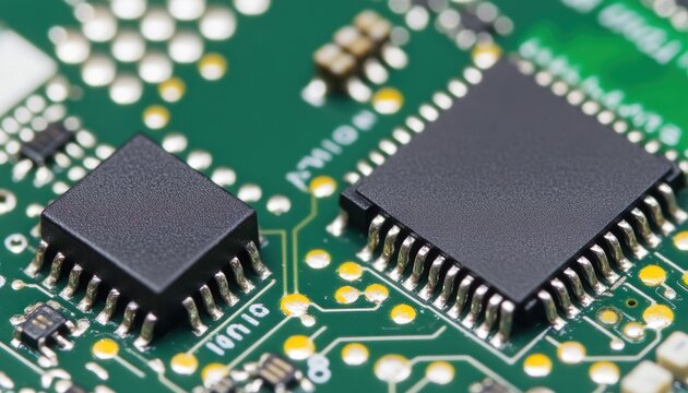 Close-up view of computer microchips and circuitry on a motherboard